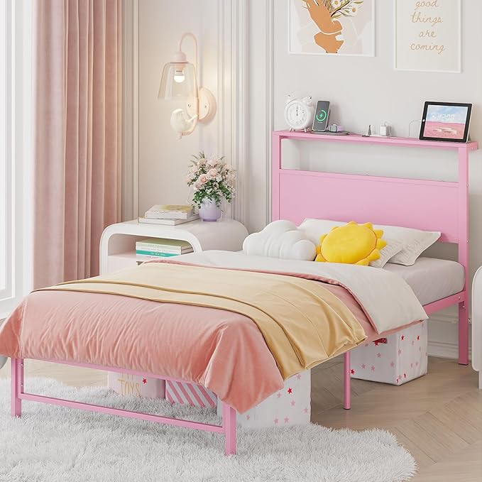Weehom Twin Bed Frames with Headboard Shelf Storage, Wood Twin Bed Frame with Charging Station and LED Lights, No Box Spring Needed Twin Size Metal Bed Frame for Kids Students, Pink
