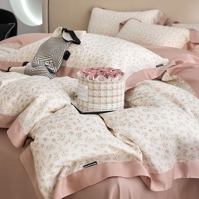 mixinni Pink White Floral Duvet Cover Twin XL Size Green Leaves Cute Flower Botanical Printed 100% Lyocell Duvet Cover Set Reversible Design Cooling Bedding for Women Girls