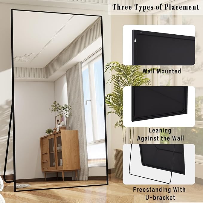 BEAUTYPEAK 76"x34" Rectangle Full Body Floor Mirrors, Full Length Mirror Hanging or Leaning, Aluminum Alloy Frame Wall Mirror for Bedroom, Dressing Room, Black