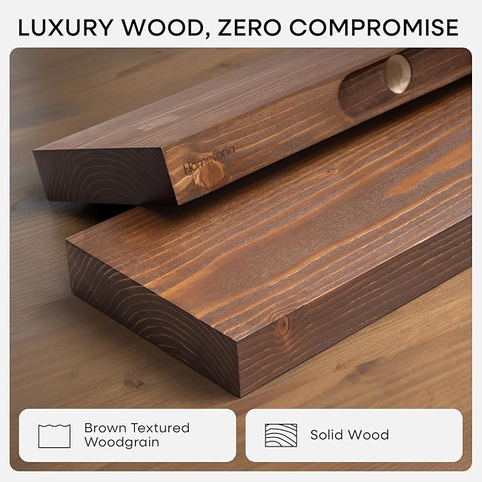 Homeforia Classic Walnut 12 inch Floating Shelf, High End Solid Real Wood Small 12inch Floating Shelves for Wall Mounted, 12in Floating Shelves, Heavy Duty Bracket, 12 X 6.5 X 1.75 inches, Set of 3