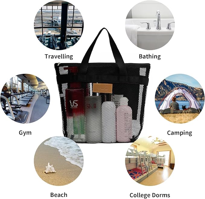 Mesh Shower Caddy Bag Portable Hanging Toiletry and Bath Organizer with Zipper for Travel, Gym, Camping, College Dorms, Beach