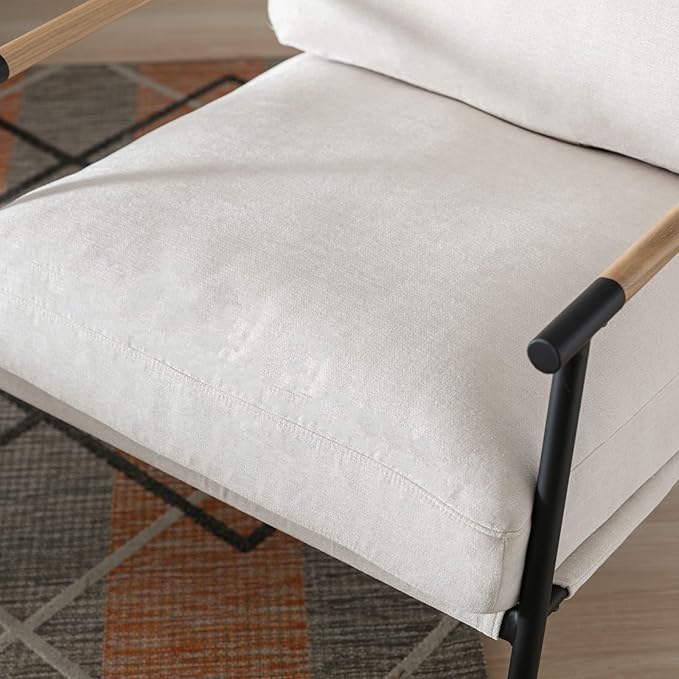 Mid-Century Accent Chair, Soft Armchair Chenille Fabric Lounge Chair with Black Metal Legs, Upholstered Leisure Chair for Living Room Bedroom Reception Room, 1PC, Beige