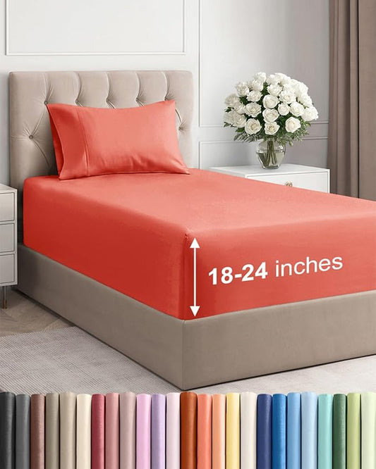 Extra Deep Pocket Twin Sheets - 3 Piece Breathable & Cooling Bed Sheets - Hotel Luxury Bed Sheet Set - Soft, Wrinkle Free & Comfy - Easily Fits Extra Deep Mattresses - Deep Pocket Coral Sheets Set