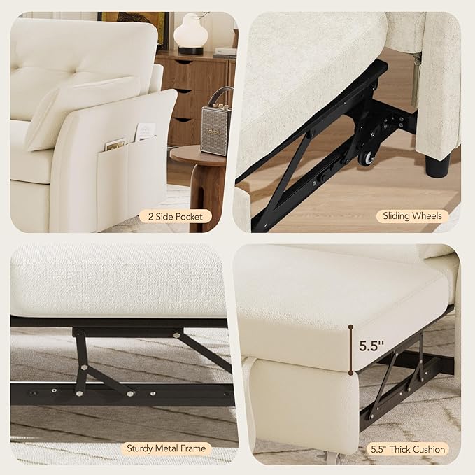 Vipbear 3 in 1 Pull Out Couch, Convertible Sofa Bed, Loveseat Sleeper with Reclining Backrest and Side Pocket for Living Room, Apartment, Tool-Free Assembly, Beige