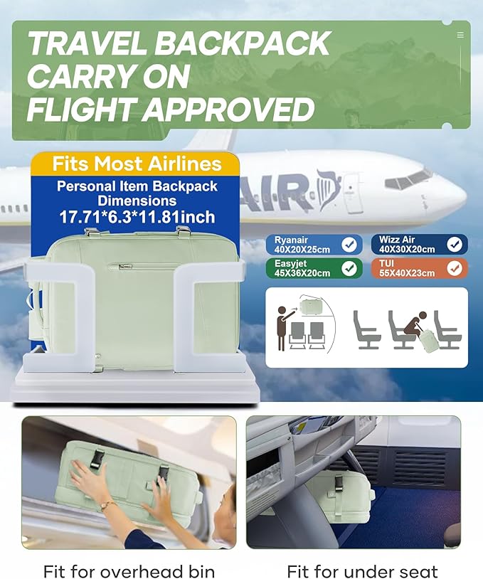 Vacuum Travel Backpack with Electric Vacpack Pump for Women, 40L Expandable Vacuum Compression Bags Personal Item Backpacks Flight Approved Traveling Carry on Suitcase Luggage, Light Green