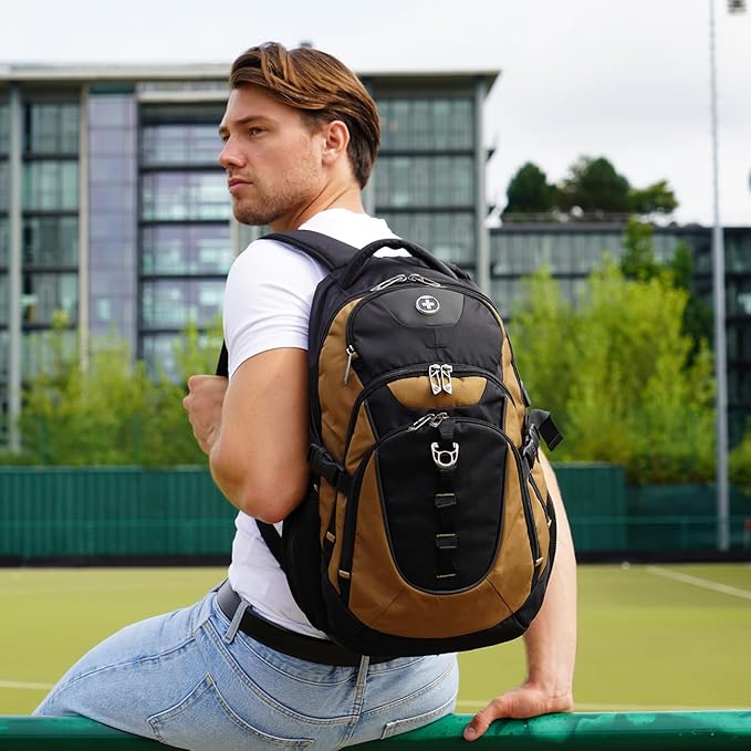 Swissdigital Design Laptop Backpack with USB Charging Port, Travel Backpack Fits 15.6 inches Computer, 31L College School Backpack for Men, Tan/Black | SD803-34