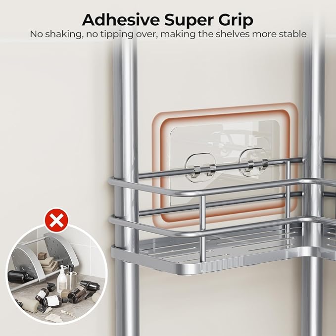 Orimade Rustproof 4 Tier Floor Standing Corner Shower Caddy Organizer with Toothbrush Holder, Large Spacing Floor Shower Shelf Rack Storage Stands with Hooks for Bathroom Kitchen, Silver