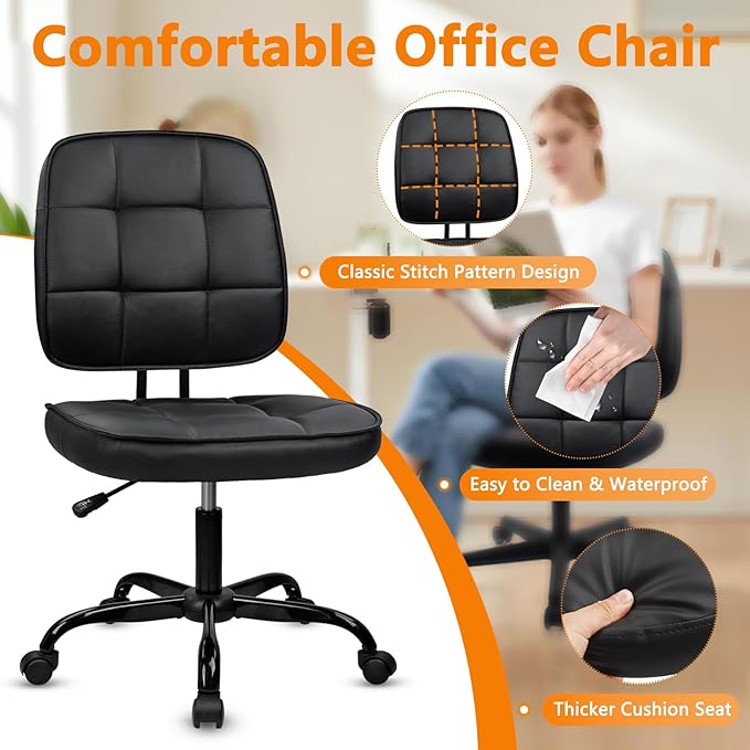 CLATINA Armless Home Office Chair with Lumbar Support and Wheels, Small PU Leather Ergonomic Low Back Desk Chairs No Arms, Adjustable Height 360° Swivel Rolling Computer Task Chair, Black, 8 Pack