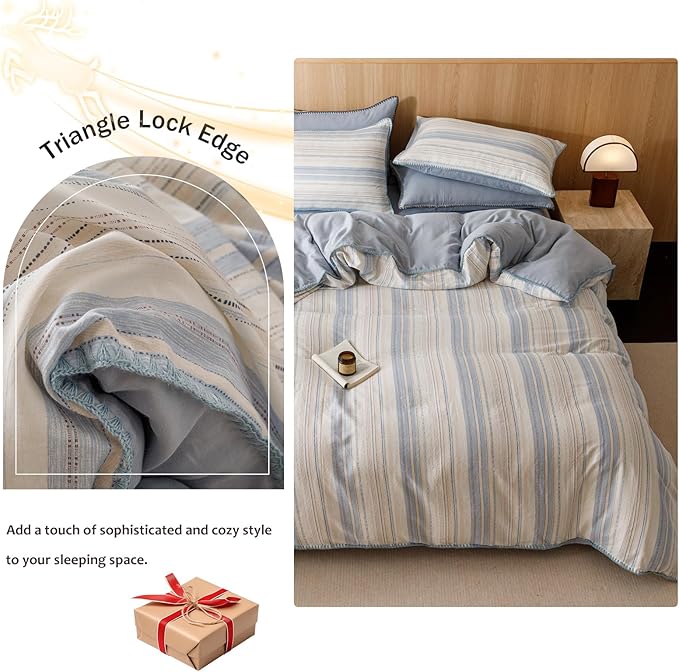VM VOUGEMARKET Blue White Stripes Duvet Cover King 100% Cotton Muslin Duvet Cover Embroidered Cozy Simple Modern Bedding Set for Men Women
