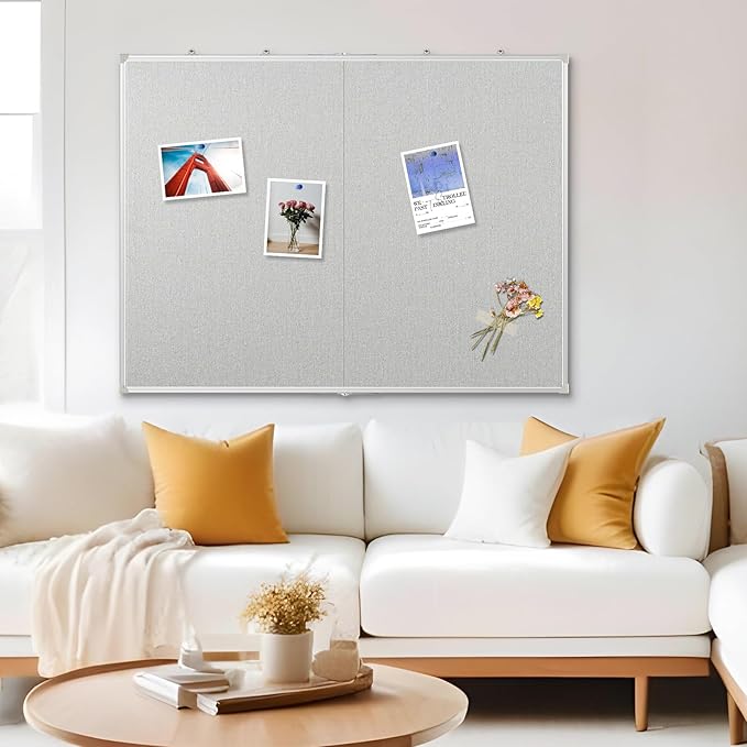 DOLLAR BOSS Foldable Linen Board, 48 x 36 Inch Corkboard, Large Bulletin Board, Portable Double Sided Aluminum Frame Wall Mounted Pin Board for Office School Dorm Supplies with 20 Push Pins, Grey