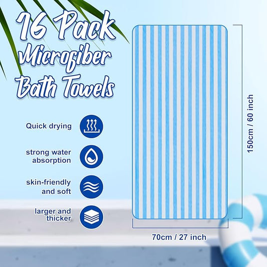 16 Pack Microfiber Bath Towels Bulk 27'' x 60'' Oversized Size Bath Towel Highly Absorbent Extra Large Soft Drying for Shower Beach Winter Salon Sport Gym Party (Stripes,Light Blue)