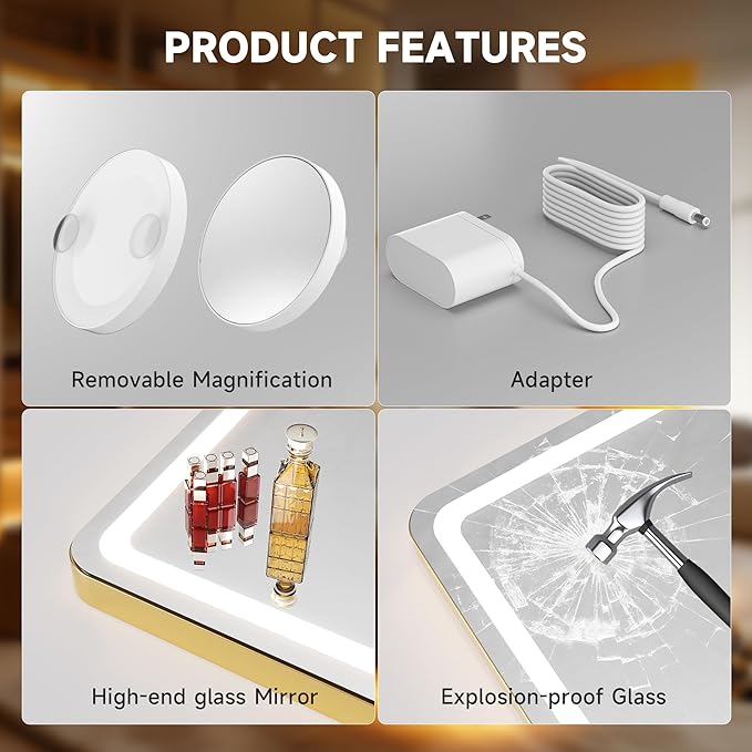 Hasipu Vanity Mirror with Lights, 39.4" x 30" LED Makeup Mirror, Lighted Makeup Mirror with Dimmable 3 Modes, Touch Screen Control Vanity Mirror Round Gold