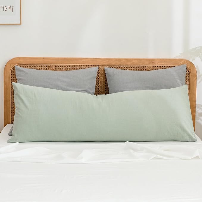 BESTOUCH 100% Washed Cotton Pillowcase for Hair and Skin Linen Feel Soft Comfortable Breathable 1 Pcs Pillow Case with Envelope Closure Solid Sage Green Body 20x54 Inches