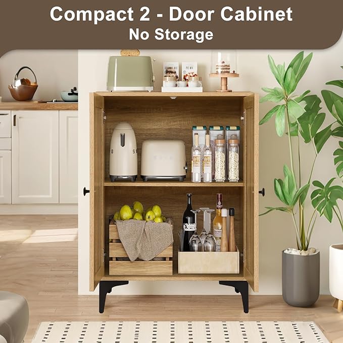 Rattan 4-Door Buffet Sideboard Storage Cabinet - Boho Kitchen Dining Console with Adjustable Shelves, Natural Rattan 48.4" W x 15" D x 33.4" H