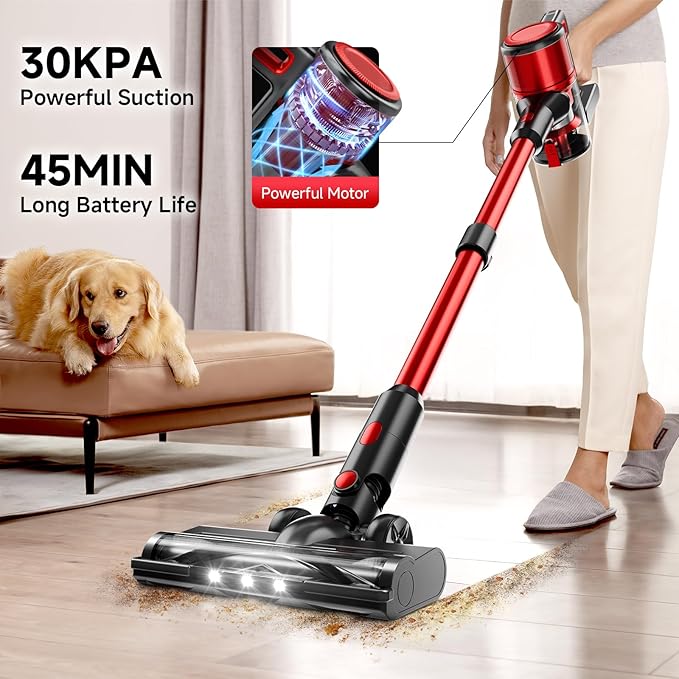 Cordless Vacuum Cleaner for Home - Lightweight, Stick Vacuum Clean with Rechargeable Battery, Max 45Mins Runtime, 8 in 1 Handheld Vacuum for Hardfloor & Carpets Pet Hair, Red&Black
