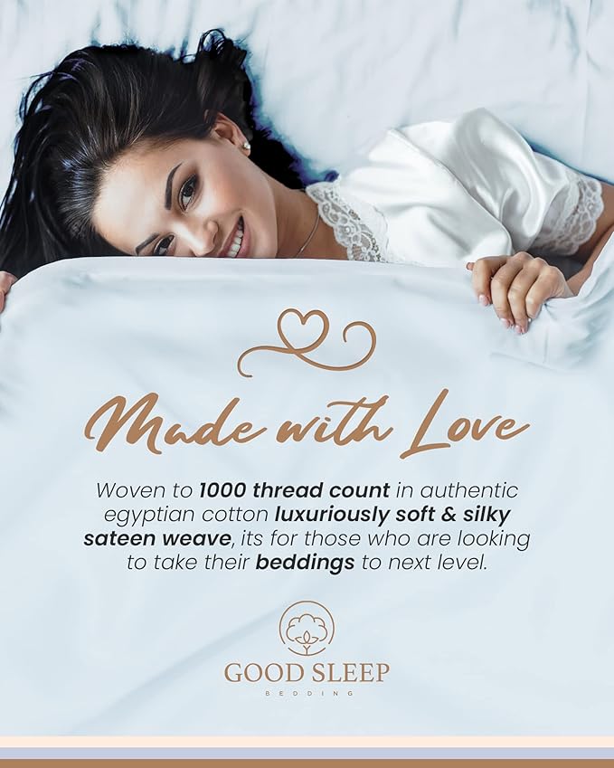 1000 Thread Count Egyptian Cotton Sheets Queen Size, 4 Pc Luxury Sheets Set, Long Staple 100% Cotton Sheets for Queen Size Bed, 16" Deep Pocket Hotel Style Sheets, Sateen Sheets Queen, Light Blue GoodSleepBedding