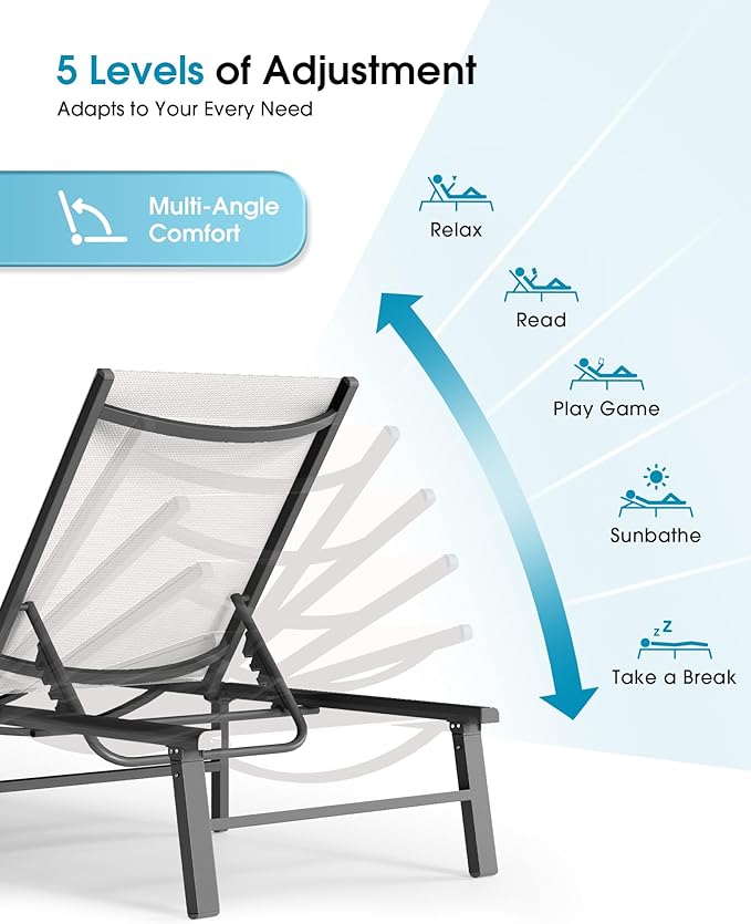Ciokea Upgraded Aluminum Outdoor Lounge Chair - No Assembly Needed, Foldable Patio Chaise Lounge with 5 Adjustable Positions, Reinforced Frame for Extra Durability, Pool Beach Lounge Chair, White