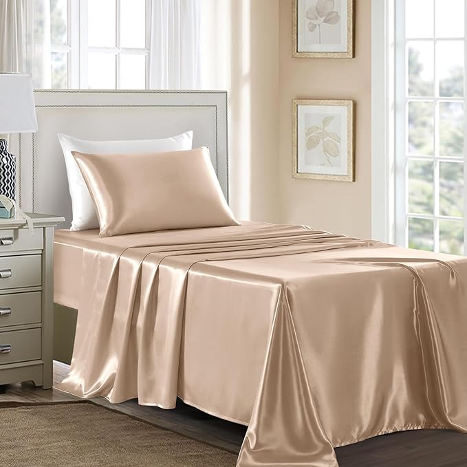 Satin Sheets Twin Size - 3 Pieces Luxury Silky Soft Bed Sheets, Wrinkle-Free Champagne Satin Silk Sheet Set with 1 Deep Pocket Fitted Sheet, 1 Flat Sheet, 1 Pillow Case