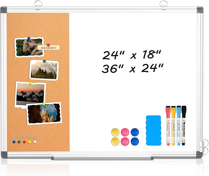 WALGLASS Dry Erase Cork Board Combo, 36"X24" White Bulletin Board for Wall, Magnetic Corkboard Whiteboard Combination, Vision Board for Office, Home, School