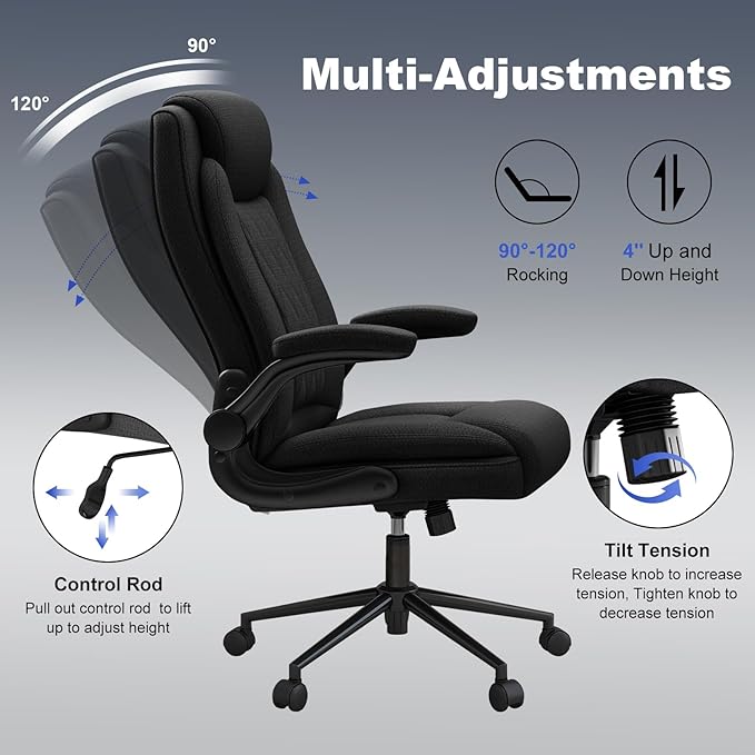ralex-chair Big and Tall Office Chair -500 lb Heavy Duty Office Chair for Big Man, Fabric High Back Executive Office Desk Chair with 120° Tilt Rock,Computer Desk Chair with flip up arm - Black