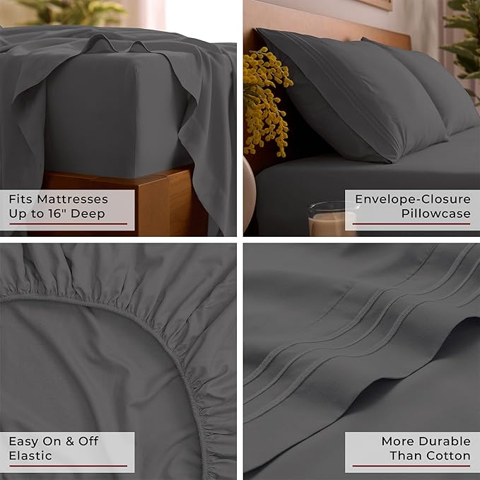 Mellanni Queen Sheet Set - 6-Piece Iconic Collection Bedding, (Including 4 Pillowcases), 16-Inch Deep Pocket, Easy Care, Extra Soft, Cooling Sheets, Brushed Microfiber - Gray