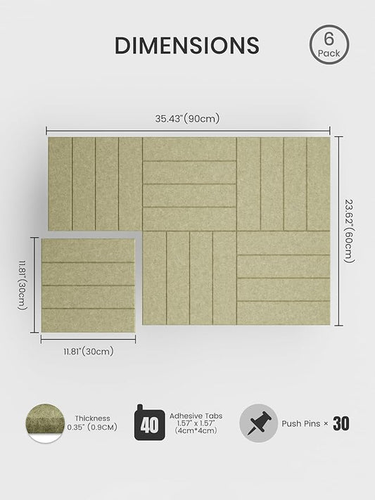 Bumusty Large Cork Board Alternative-36 x24 Felt Bulletin Board Tiles, with 30 Pushpins, 40 Adhesive Tabs, 6-Pack Slat Wall Paneling, Cork Boards for Office Push Pin Board Felt Board-Olive Green