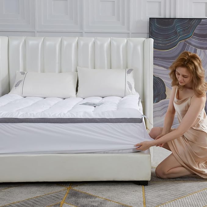 SAPHREAS Queen Size Mattress Topper 3 inch with 8-20 inches Stretchable Pockets, Soft Pillow Top Mattress Pad for Back Pain Relief with Breathable Air Mesh Sides