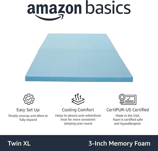 Amazon Basics Twin XL Mattress Topper, Cooling Gel-Infused, CertiPUR-US Certified, 3 Inches, Blue