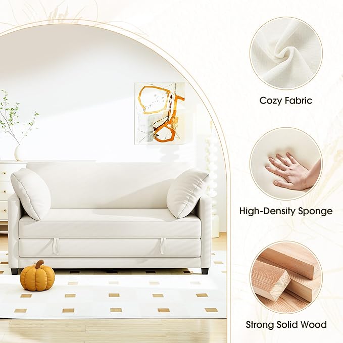 65" Convertible Loveseat Sofa Bed, 2-in-1 Folding Sofa Bed with 2 Pillow for Small Spaces, Modern Loveseat Sleeper Couch for Apartment, Living Room & Guest Room (Beige Chenille, 65 inch)