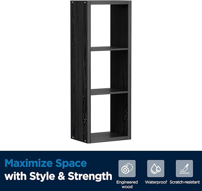 3 Cube Storage Organizer Single Row, Cube Shelf with Heavy-Duty Thick Boards, 13.31" L x 9.37" W x 36.93" H, Smooth Easy-Clean Panels, Simple Assembly, for Living Room Bedroom Office, Black
