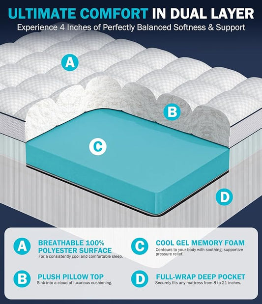 Dual Layer 4 Inch Memory Foam Mattress Topper Full Size, 2" Cooling Gel Memory Foam & 2" Pillow Top Bed Topper, Medium Firm Mattress Cover for Pressure Relief, Deep Elastic Pocket, White