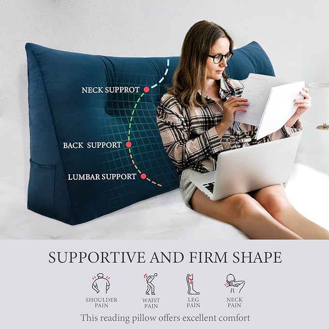 11 lbs Thickened Queen Headboard Pillow for Sitting Up in Bed, Back Support Reading Pillow with Side Pocket and Velvet Removable Cover, Triangular Large Wedge Headboard Pillow