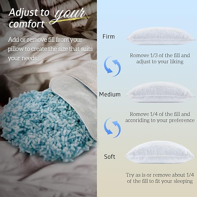 BETU Cooling King Size Pillows Set of 4, Shredded Memory Foam Bed Pillows for Sleeping, Adjustable Firm Cool Pillow for Neck Pain and Side Sleeper, White
