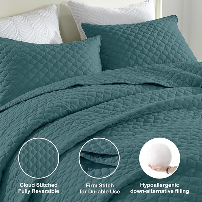 HORIMOTE HOME Quilt King Size Teal Blue, Lightweight Quilt for Summer, Ultra-Soft Microfiber Modern Style Quilted Clouds Pattern Bedspread Quit Set 3 Pieces(1 Quilt and 2 Pillow Shams)