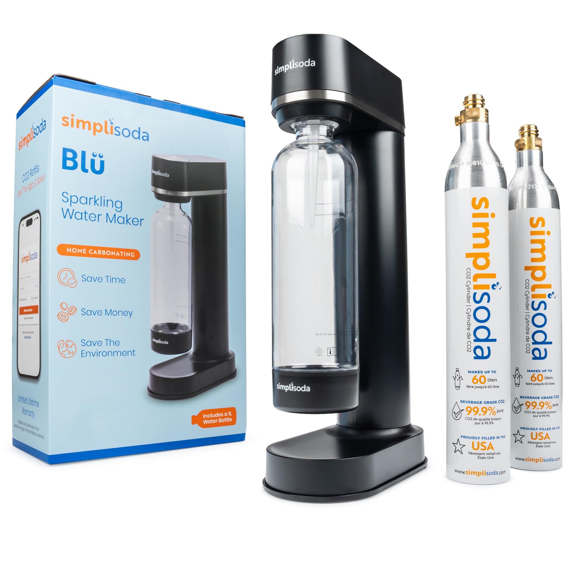Simpli Soda BLÜ Sparkling Water Maker, Premium Soda Streaming Machine, Carbonated Water Machine and Soda Maker - Black (No CO2 Cylinder Included)