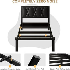 iPormis Twin Metal Bed Frame, Faux Leather Platform Bed with Button Tufted Headboard, Heavy Duty Slats Support, 12