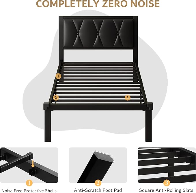 iPormis Twin Metal Bed Frame, Faux Leather Platform Bed with Button Tufted Headboard, Heavy Duty Slats Support, 12" Under Bed Storage, No Box Spring Needed, Easy Assembly, Black