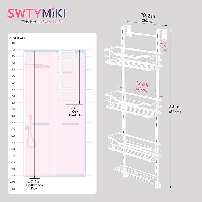 SWTYMIKI Over the Door Shower Caddy - 4 Tier Adjustable Shower Organizer Hanging with Soap Holder, No Drilling Stainless Steel Bathroom Rack Hanging for Body Wash, Shampoo, Soap, Razor, White