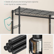 SONGMICS Heavy-Duty Rolling Clothes Rack, Garment Rack, Portable Closet, 43.3-Inch Wide Clothing Rack on Wheels, with Adjustable Mesh Shelves and Hanging Rails, Hooks, Ink Black ULGR414B01