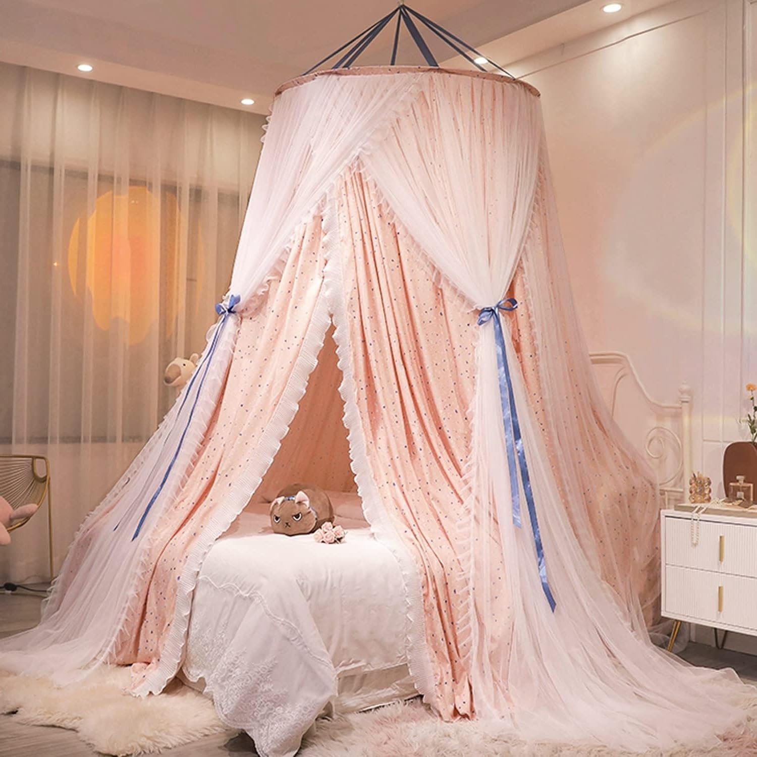 Kertnic Luxurious Bed Canopy for Girls & Adults - Double Layer Princess Canopy with Lace, Round Dome Mosquito Netting for Queen/King Bed Tent (Black) Dormly