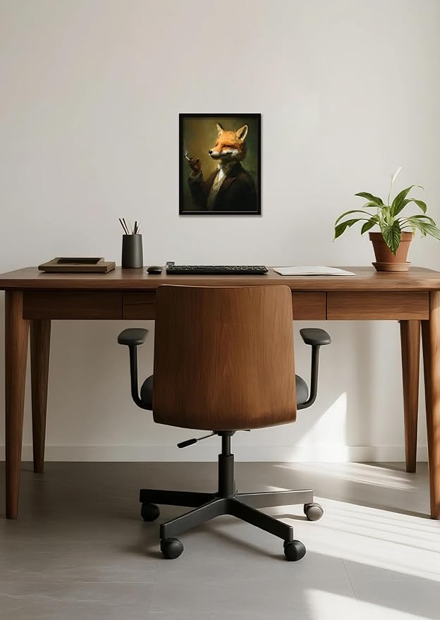 Funny Elegant Animal Wall Art Print Mr. Fox In Thinking Poster Vintage Canvas Art Wall Decor Picture For Bedroom Office Bathroom Wall Decor Aesthetic Home Artwork 12" × 16" With Framed
