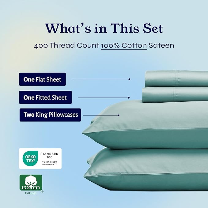 California Design Den King Size Sheets Set - 400 Thread Count Sateen, Natural 100% Cotton Sheets with Deep Pockets, Breathable, and Durable Bedding Set - Teal CaliforniaDesignDen