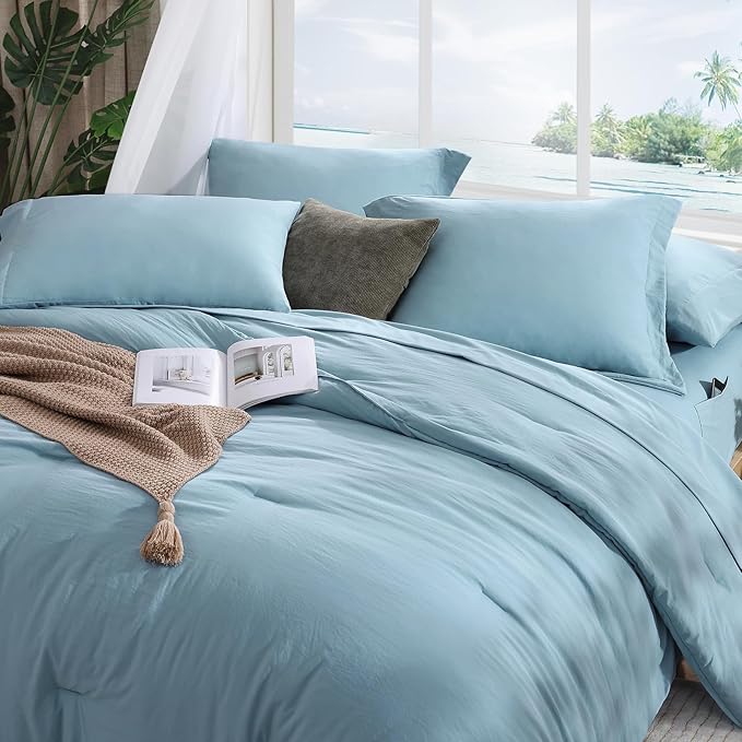 WRENSONGE Queen Comforter Set, 7 Pieces Soft Blue Bed in a Bag Queen with Fitted Sheet, Flat Sheet, 2 Pillow Shams, and 2 Pillowcases- Warm Bedding Sets for All Season