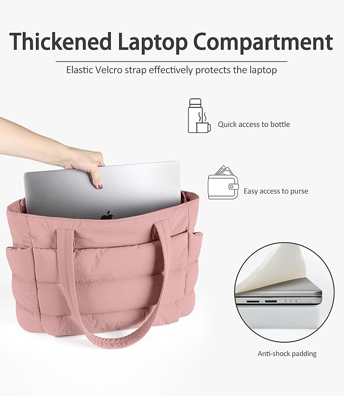 Puffer Tote Bag for Women, Cute Quilted Carryall with Zippered Compartments Shoulder Bag Handbag for Work, Travel, Gym
