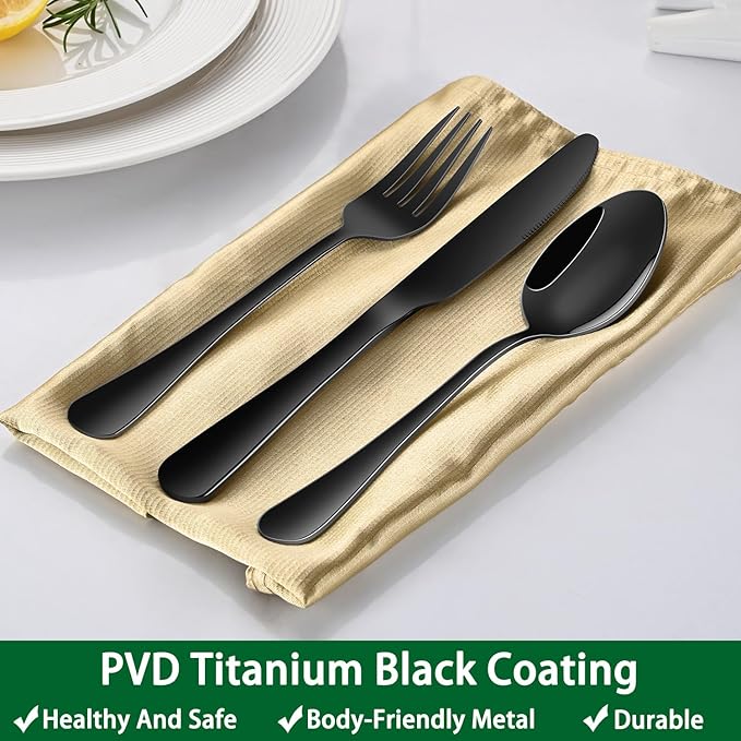 24-Piece Black Silverware Set with Steak Knives, Black Flatware Set for 4, Food-Grade Stainless Steel Tableware Cutlery Set, Mirror Finished Knife Spoon And Fork Sets for Home Restaurant