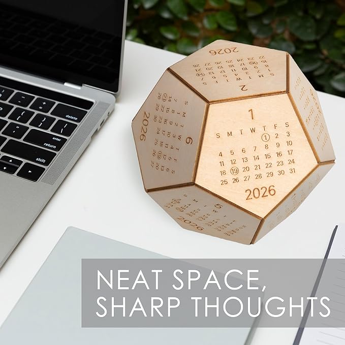 2026 Desk Calendar Wood Dodecahedron, DnD Gifts for Men, Funny Office Gifts for Coworkers, Unique Mens Desk Accessories, New Year Gift Ideas for Boss Male, Employee, White Elephant Exchange