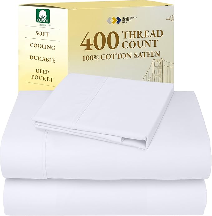 California Design Den Twin XL Sheets Set - Soft 400 Thread Count Sateen, Natural 100% Cotton Sheets, Deep Pockets with All Around Elastic for a Snug Fit, Durable Bedding Set - White CaliforniaDesignDen