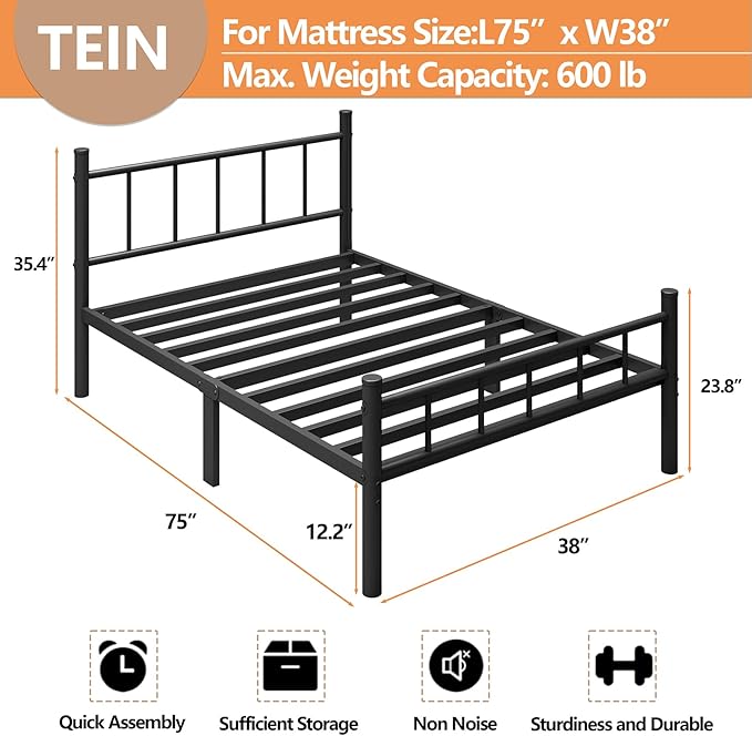 zizin Twin Size Metal Bed Frame with Headboard & Footboard 14 Inch Metal Platform Mattress Foundation Support with Steel Slat, Under Bed Storage, No Box Spring Needed