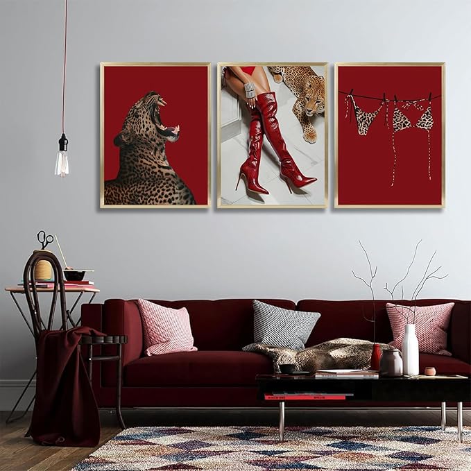 XLYFVLGF 3Pcs Red Fashion Leopard Wall Art Cheetah Wall Decor Pictures Stylish long boots print Bikini Painting Artwork for Living Room Bedroom Bathroom Corridor Home Decoration 16x24in Poster