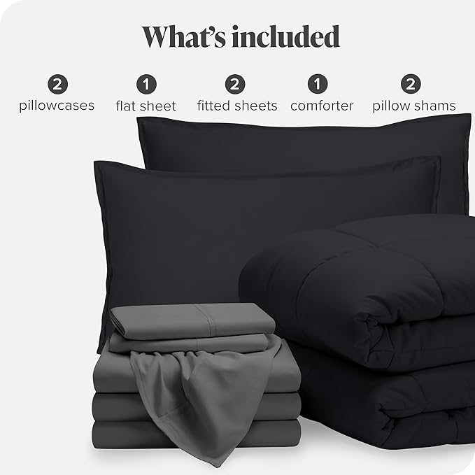 Bare Home Bed-in-A-Bag 7 Piece Comforter & Sheet Set - Full - Goose Down Alternative - Ultra-Soft 1800 Premium - Bedding Set (Full, Black/Grey)